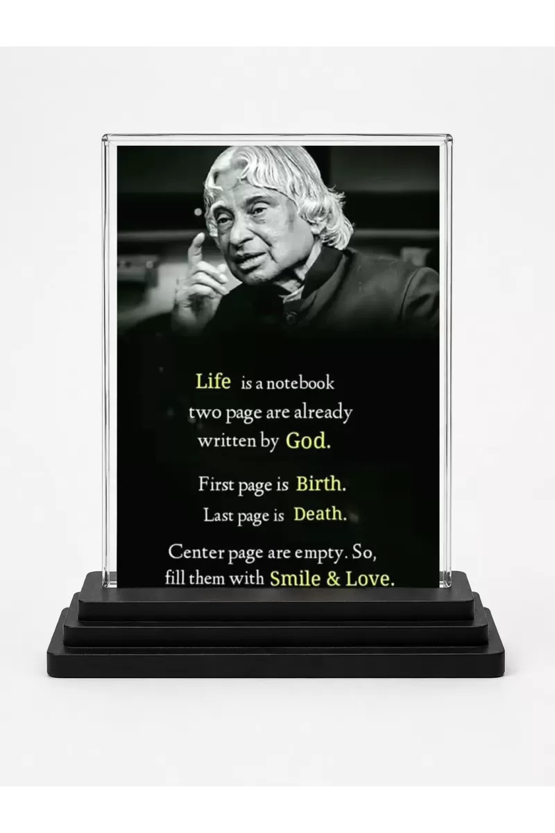 Abdul Kalam Acrylic Car Dashboard Showpiece | Double-Sided Abdul Kalam Photo Stand | 3 X 4 Inch Photo | Transparent Acrylic Frame With Black Base | Car Dashboard, Office & Table Decor (F71596)