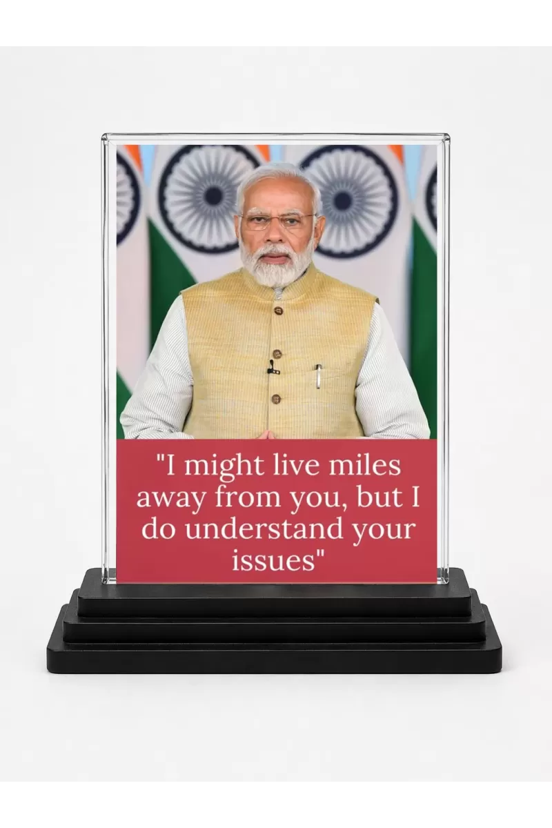 Narendra Modi Acrylic Car Dashboard Showpiece | Double-Sided Narendra Modi Photo Stand | 3 X 4 Inch Photo | Transparent Acrylic Frame With Black Base | Car Dashboard, Office & Table Decor (F71623)