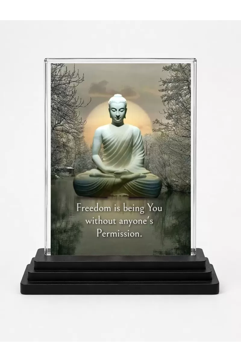 Gautama Buddha Acrylic Car Dashboard Showpiece | Double-Sided Gautama Buddha Photo Stand | 3 X 4 Inch Photo | Transparent Acrylic Frame With Black Base | Car Dashboard, Office & Table Decor (F71642)