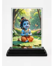 Lord Krishna Acrylic Car Dashboard Showpiece | Double-Sided Lord Krishna Photo Stand | 3 X 4 Inch Photo | Transparent Acrylic Frame With Black Base | Car Dashboard, Office & Table Decor (F71648)