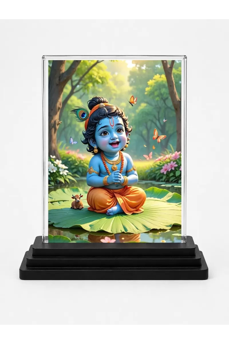 Lord Krishna Acrylic Car Dashboard Showpiece | Double-Sided Lord Krishna Photo Stand | 3 X 4 Inch Photo | Transparent Acrylic Frame With Black Base | Car Dashboard, Office & Table Decor (F71648)