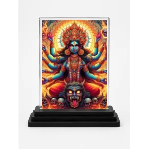 Goddess Kali Acrylic Car Dashboard Showpiece | Double-Sided Goddess Kali Photo Stand | 3 X 4 Inch Photo | Transparent Acrylic Frame With Black Base | Car Dashboard, Office & Table Decor (F71650)