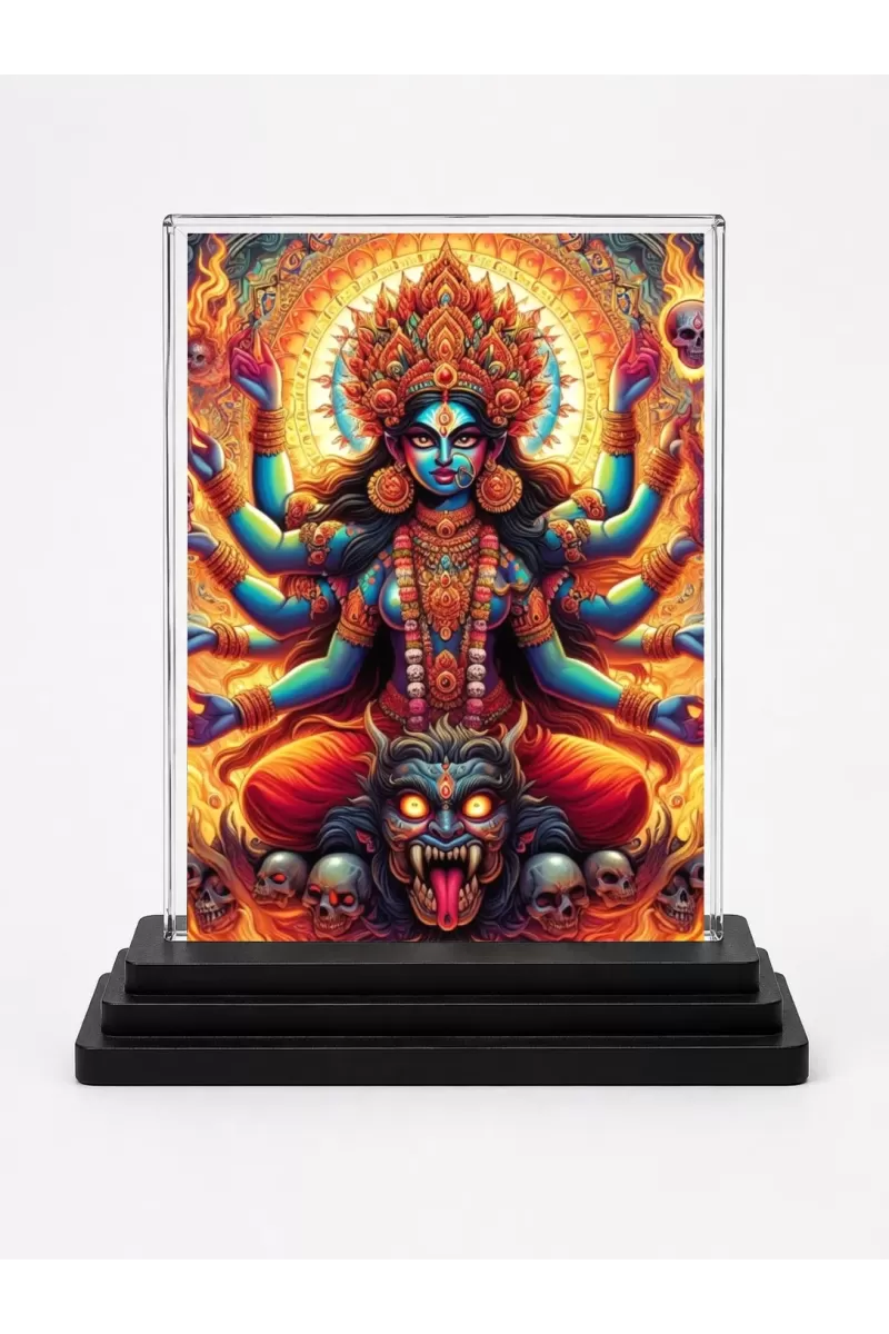 Goddess Kali Acrylic Car Dashboard Showpiece | Double-Sided Goddess Kali Photo Stand | 3 X 4 Inch Photo | Transparent Acrylic Frame With Black Base | Car Dashboard, Office & Table Decor (F71650)