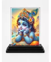 Shree Krishna Acrylic Car Dashboard Showpiece | Double-Sided Shree Krishna Photo Stand | 3 X 4 Inch Photo | Transparent Acrylic Frame With Black Base | Car Dashboard, Office & Table Decor (F71651)