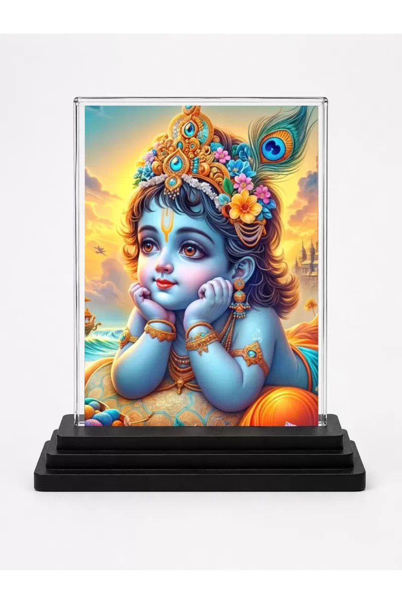 Shree Krishna Acrylic Car Dashboard Showpiece | Double-Sided Shree Krishna Photo Stand | 3 X 4 Inch Photo | Transparent Acrylic Frame With Black Base | Car Dashboard, Office & Table Decor (F71651)