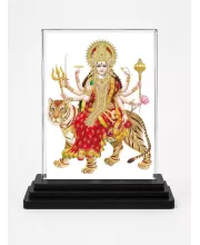 Goddess Durga Acrylic Car Dashboard Showpiece | Double-Sided Goddess Durga Photo Stand | 3 X 4 Inch Photo | Transparent Acrylic Frame With Black Base | Car Dashboard, Office & Table Decor (F71652)