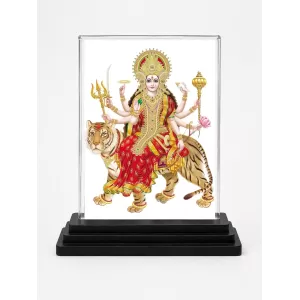 Goddess Durga Acrylic Car Dashboard Showpiece | Double-Sided Goddess Durga Photo Stand | 3 X 4 Inch Photo | Transparent Acrylic Frame With Black Base | Car Dashboard, Office & Table Decor (F71652)