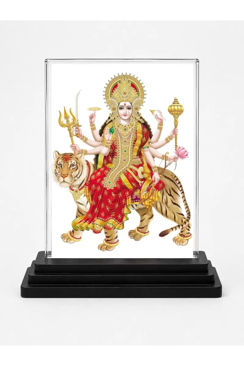 Goddess Durga Acrylic Car Dashboard Showpiece | Double-Sided Goddess Durga Photo Stand | 3 X 4 Inch Photo | Transparent Acrylic Frame With Black Base | Car Dashboard, Office & Table Decor (F71652)