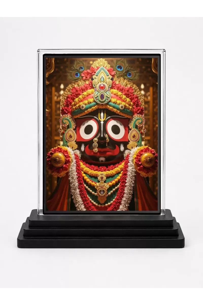 Lord Jagannatha Acrylic Car Dashboard Showpiece | Double-Sided Lord Jagannatha Photo Stand | 3 X 4 Inch Photo | Transparent Acrylic Frame With Black Base | Car Dashboard, Office & Table Decor (F71653)