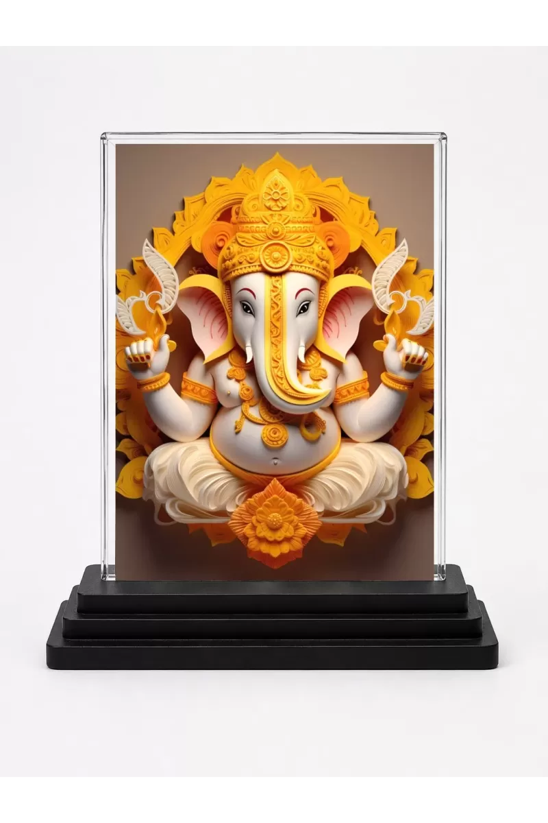 Lord Ganesh Acrylic Car Dashboard Showpiece | Double-Sided Lord Ganesh Photo Stand | 3 X 4 Inch Photo | Transparent Acrylic Frame With Black Base | Car Dashboard, Office & Table Decor (F71655)