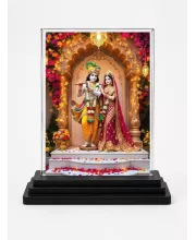 Shree Krishna And Shree Radha Acrylic Car Dashboard Showpiece | Double-Sided Shree Krishna And Shree Radha Photo Stand | 3 X 4 Inch Photo | Transparent Acrylic Frame With Black Base | Car Dashboard, Office & Table Decor (F71656)
