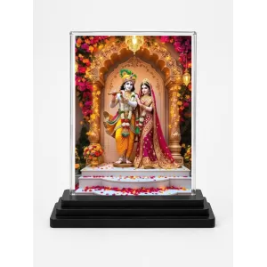 Shree Krishna And Shree Radha Acrylic Car Dashboard Showpiece | Double-Sided Shree Krishna And Shree Radha Photo Stand | 3 X 4 Inch Photo | Transparent Acrylic Frame With Black Base | Car Dashboard, Office & Table Decor (F71656)