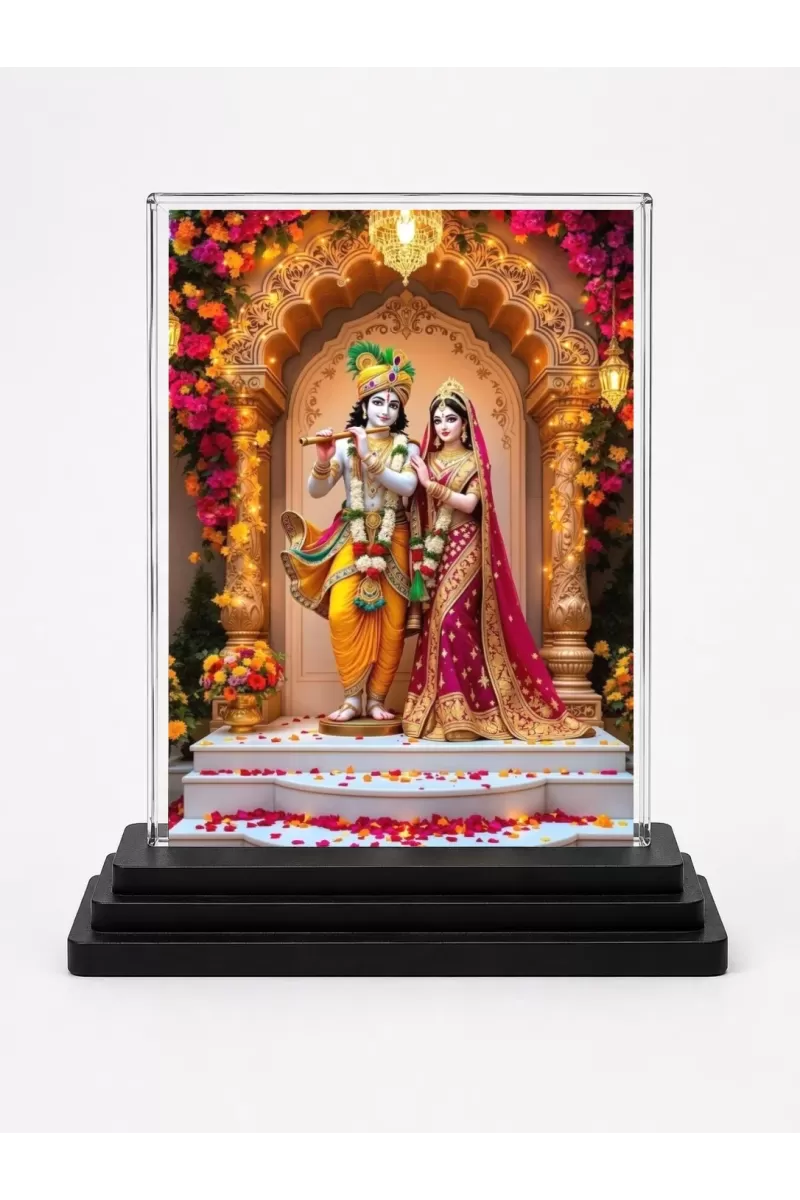 Shree Krishna And Shree Radha Acrylic Car Dashboard Showpiece | Double-Sided Shree Krishna And Shree Radha Photo Stand | 3 X 4 Inch Photo | Transparent Acrylic Frame With Black Base | Car Dashboard, Office & Table Decor (F71656)