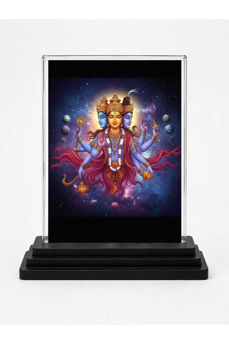 Lord Brahma Acrylic Car Dashboard Showpiece | Double-Sided Lord Brahma Photo Stand | 3 X 4 Inch Photo | Transparent Acrylic Frame With Black Base | Car Dashboard, Office & Table Decor (F71657)