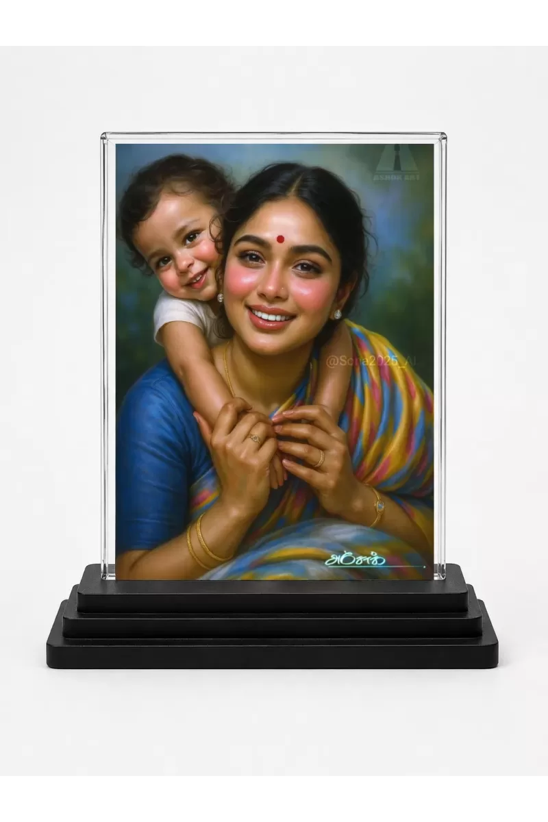 Village Painting Acrylic Car Dashboard Showpiece | Double-Sided Village Painting Photo Stand | 3 X 4 Inch Photo | Transparent Acrylic Frame With Black Base | Car Dashboard, Office & Table Decor (F71658)