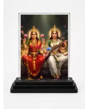 Lord Ganesha And Goddess Saraswati Acrylic Car Dashboard Showpiece | Double-Sided Lord Ganesha And Goddess Saraswati Photo Stand | 3 X 4 Inch Photo | Transparent Acrylic Frame With Black Base | Car Dashboard, Office & Table Decor (F71661)