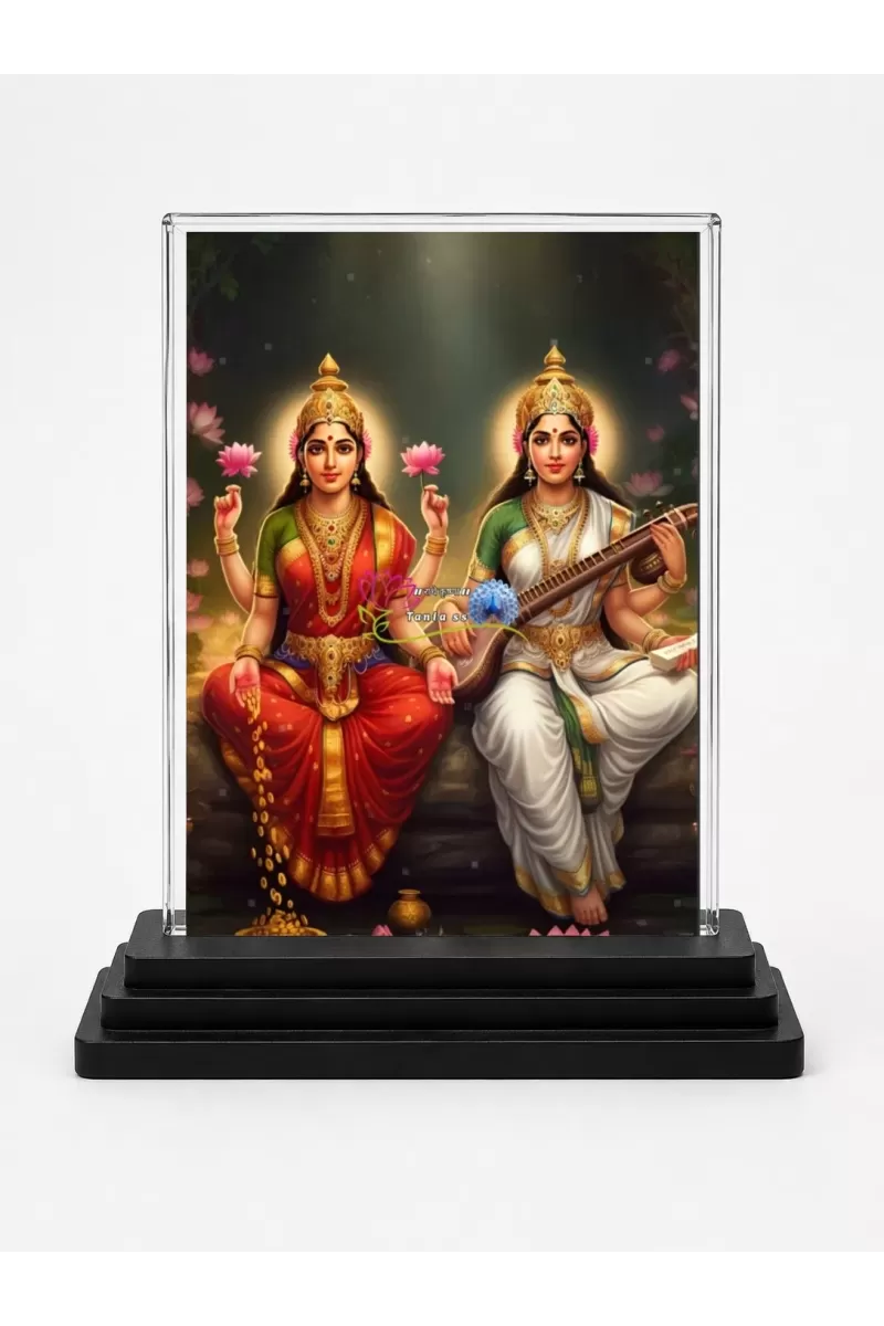 Lord Ganesha And Goddess Saraswati Acrylic Car Dashboard Showpiece | Double-Sided Lord Ganesha And Goddess Saraswati Photo Stand | 3 X 4 Inch Photo | Transparent Acrylic Frame With Black Base | Car Dashboard, Office & Table Decor (F71661)