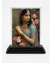 Shree Radha Acrylic Car Dashboard Showpiece | Double-Sided Shree Radha Photo Stand | 3 X 4 Inch Photo | Transparent Acrylic Frame With Black Base | Car Dashboard, Office & Table Decor (F71662)