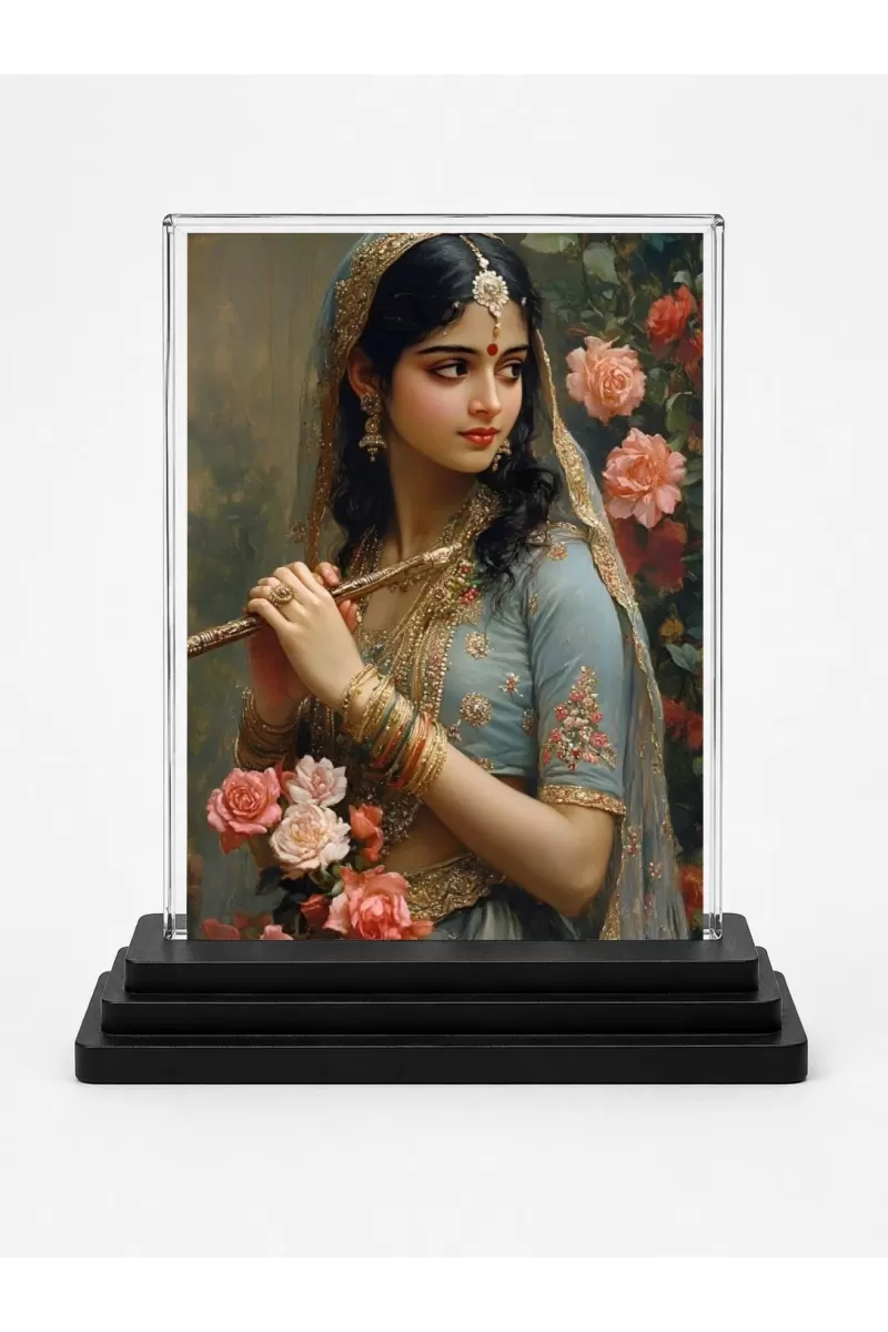 Shree Radha Acrylic Car Dashboard Showpiece | Double-Sided Shree Radha Photo Stand | 3 X 4 Inch Photo | Transparent Acrylic Frame With Black Base | Car Dashboard, Office & Table Decor (F71662)