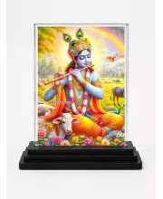Shree Krishna Acrylic Car Dashboard Showpiece | Double-Sided Shree Krishna Photo Stand | 3 X 4 Inch Photo | Transparent Acrylic Frame With Black Base | Car Dashboard, Office & Table Decor (F71665)