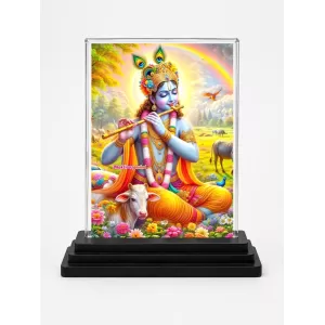 Shree Krishna Acrylic Car Dashboard Showpiece | Double-Sided Shree Krishna Photo Stand | 3 X 4 Inch Photo | Transparent Acrylic Frame With Black Base | Car Dashboard, Office & Table Decor (F71665)