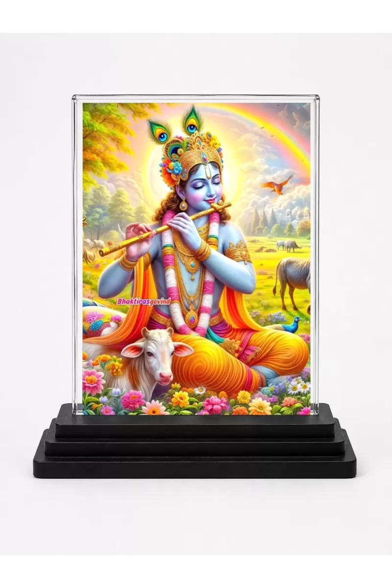Shree Krishna Acrylic Car Dashboard Showpiece | Double-Sided Shree Krishna Photo Stand | 3 X 4 Inch Photo | Transparent Acrylic Frame With Black Base | Car Dashboard, Office & Table Decor (F71665)