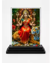 Goddess Durga Acrylic Car Dashboard Showpiece | Double-Sided Goddess Durga Photo Stand | 3 X 4 Inch Photo | Transparent Acrylic Frame With Black Base | Car Dashboard, Office & Table Decor (F71667)