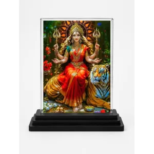 Goddess Durga Acrylic Car Dashboard Showpiece | Double-Sided Goddess Durga Photo Stand | 3 X 4 Inch Photo | Transparent Acrylic Frame With Black Base | Car Dashboard, Office & Table Decor (F71667)