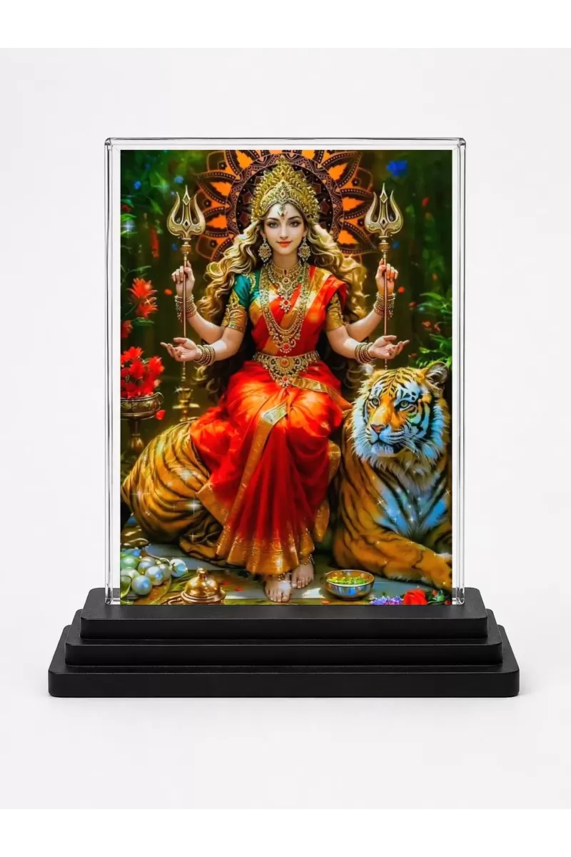Goddess Durga Acrylic Car Dashboard Showpiece | Double-Sided Goddess Durga Photo Stand | 3 X 4 Inch Photo | Transparent Acrylic Frame With Black Base | Car Dashboard, Office & Table Decor (F71667)
