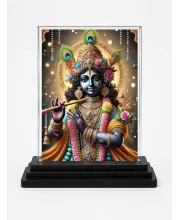 Shree Krishna Acrylic Car Dashboard Showpiece | Double-Sided Shree Krishna Photo Stand | 3 X 4 Inch Photo | Transparent Acrylic Frame With Black Base | Car Dashboard, Office & Table Decor (F71668)