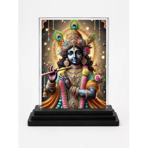 Shree Krishna Acrylic Car Dashboard Showpiece | Double-Sided Shree Krishna Photo Stand | 3 X 4 Inch Photo | Transparent Acrylic Frame With Black Base | Car Dashboard, Office & Table Decor (F71668)