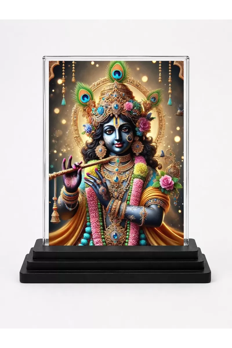 Shree Krishna Acrylic Car Dashboard Showpiece | Double-Sided Shree Krishna Photo Stand | 3 X 4 Inch Photo | Transparent Acrylic Frame With Black Base | Car Dashboard, Office & Table Decor (F71668)