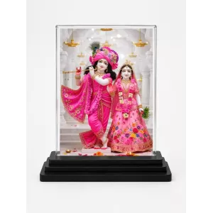 Shree Krishna And Shree Radha Acrylic Car Dashboard Showpiece | Double-Sided Shree Krishna And Shree Radha Photo Stand | 3 X 4 Inch Photo | Transparent Acrylic Frame With Black Base | Car Dashboard, Office & Table Decor (F71669)