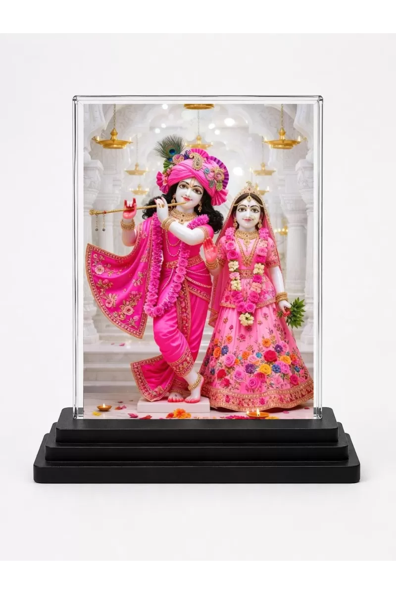 Shree Krishna And Shree Radha Acrylic Car Dashboard Showpiece | Double-Sided Shree Krishna And Shree Radha Photo Stand | 3 X 4 Inch Photo | Transparent Acrylic Frame With Black Base | Car Dashboard, Office & Table Decor (F71669)