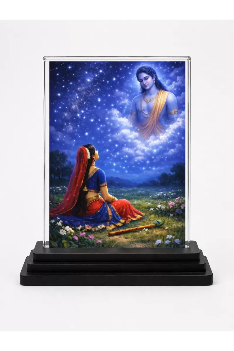 Shree Krishna Acrylic Car Dashboard Showpiece | Double-Sided Shree Krishna Photo Stand | 3 X 4 Inch Photo | Transparent Acrylic Frame With Black Base | Car Dashboard, Office & Table Decor (F71670)