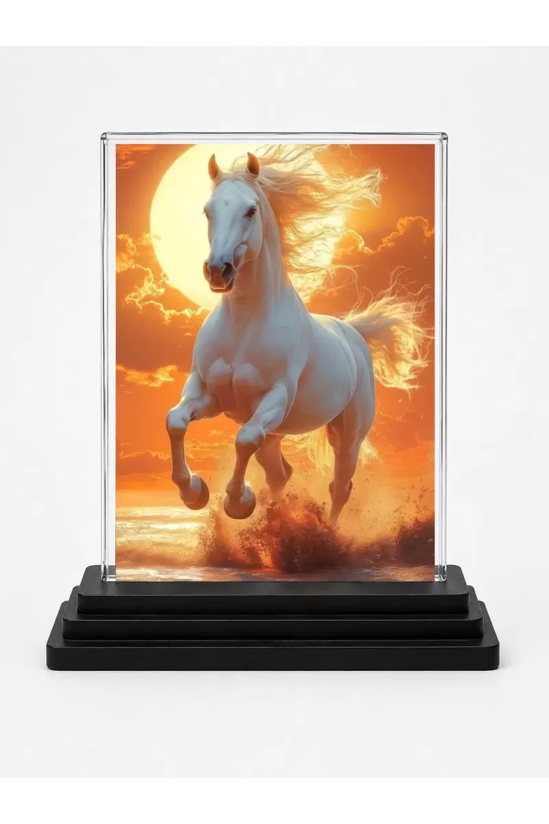 Running Horse Acrylic Car Dashboard Showpiece | Double-Sided Running Horse Photo Stand | 3 X 4 Inch Photo | Transparent Acrylic Frame With Black Base | Car Dashboard, Office & Table Decor (F71672)