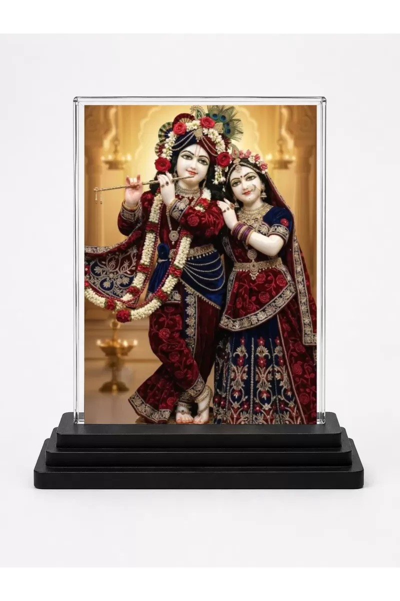 Krishna And Radha Acrylic Car Dashboard Showpiece | Double-Sided Krishna And Radha Photo Stand | 3 X 4 Inch Photo | Transparent Acrylic Frame With Black Base | Car Dashboard, Office & Table Decor (F71673)