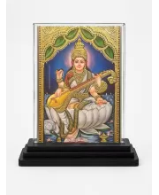 Goddess Saraswati Acrylic Car Dashboard Showpiece | Double-Sided Goddess Saraswati Photo Stand | 3 X 4 Inch Photo | Transparent Acrylic Frame With Black Base | Car Dashboard, Office & Table Decor (F71674)