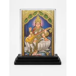 Goddess Saraswati Acrylic Car Dashboard Showpiece | Double-Sided Goddess Saraswati Photo Stand | 3 X 4 Inch Photo | Transparent Acrylic Frame With Black Base | Car Dashboard, Office & Table Decor (F71674)