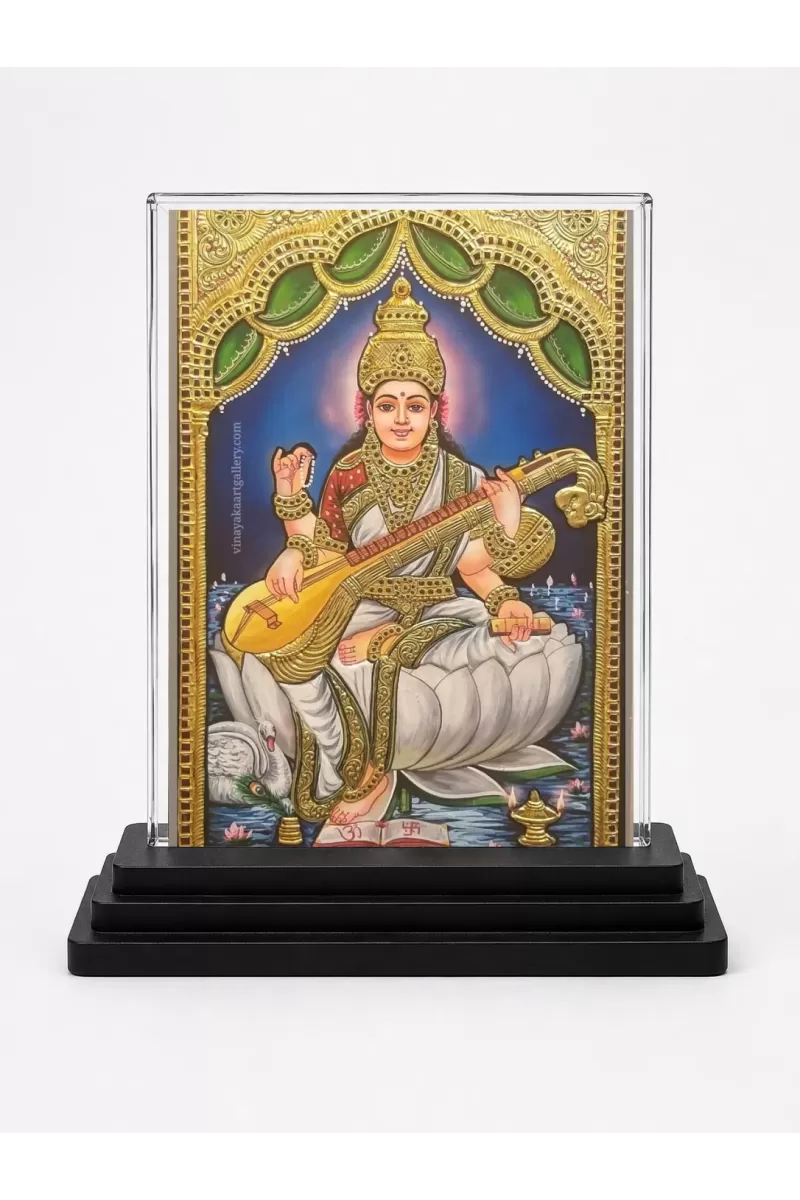 Goddess Saraswati Acrylic Car Dashboard Showpiece | Double-Sided Goddess Saraswati Photo Stand | 3 X 4 Inch Photo | Transparent Acrylic Frame With Black Base | Car Dashboard, Office & Table Decor (F71674)