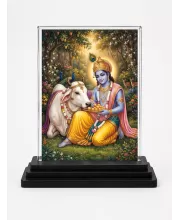 Shree Krishna Acrylic Car Dashboard Showpiece | Double-Sided Shree Krishna Photo Stand | 3 X 4 Inch Photo | Transparent Acrylic Frame With Black Base | Car Dashboard, Office & Table Decor (F71678)