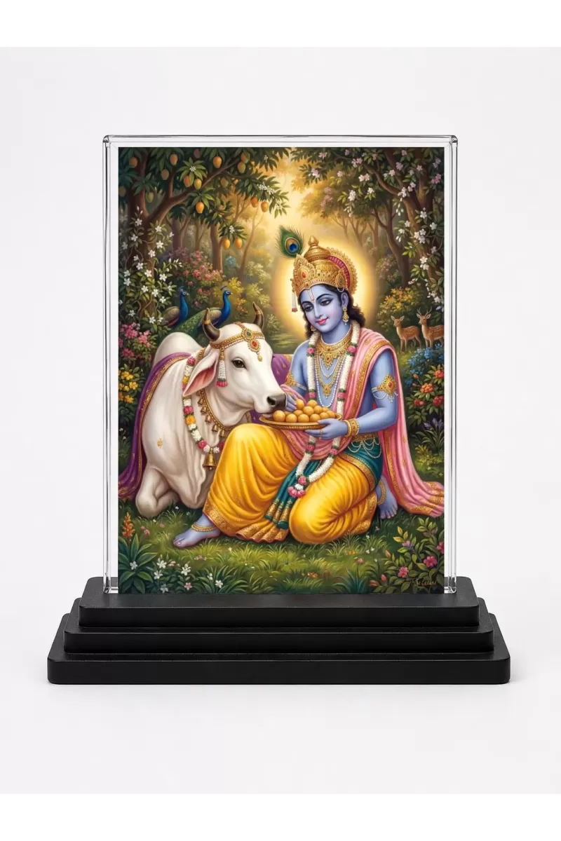 Shree Krishna Acrylic Car Dashboard Showpiece | Double-Sided Shree Krishna Photo Stand | 3 X 4 Inch Photo | Transparent Acrylic Frame With Black Base | Car Dashboard, Office & Table Decor (F71678)
