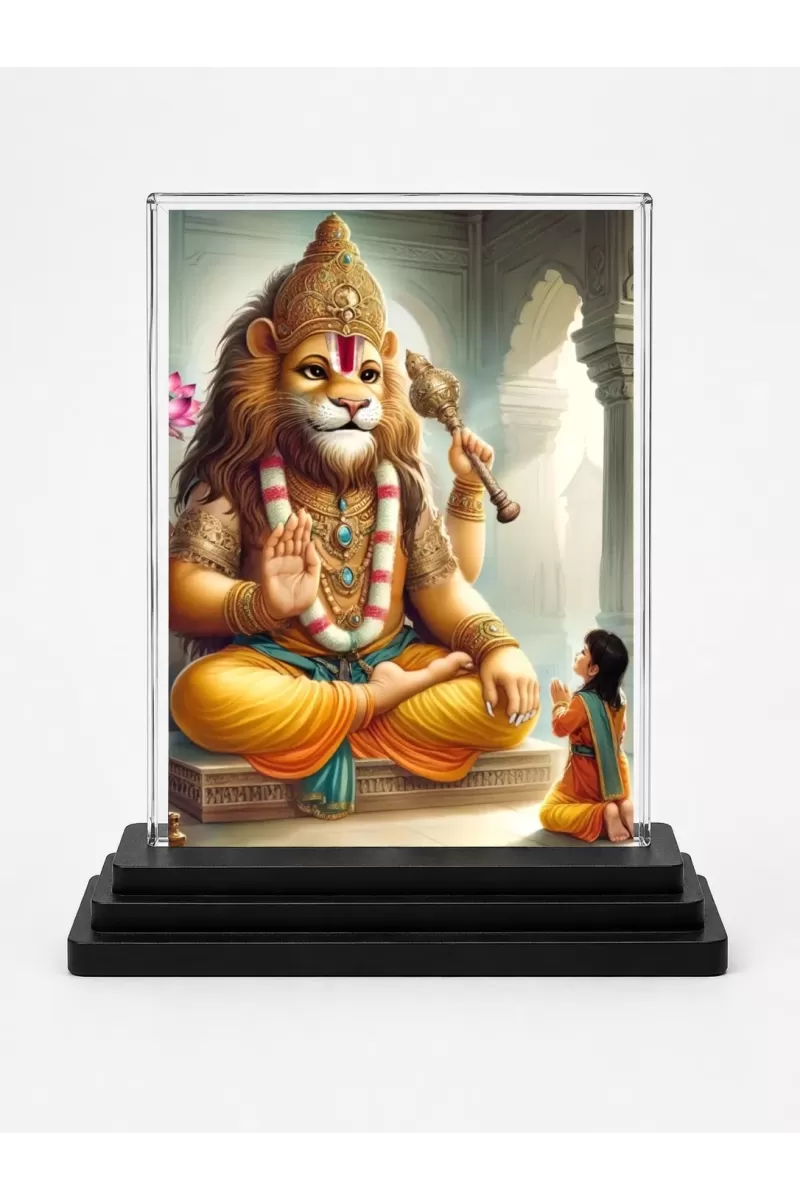 Narasimha Acrylic Car Dashboard Showpiece | Double-Sided Narasimha Photo Stand | 3 X 4 Inch Photo | Transparent Acrylic Frame With Black Base | Car Dashboard, Office & Table Decor (F71681)