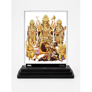 Goddess Durga Acrylic Car Dashboard Showpiece | Double-Sided Goddess Durga Photo Stand | 3 X 4 Inch Photo | Transparent Acrylic Frame With Black Base | Car Dashboard, Office & Table Decor (F71684)