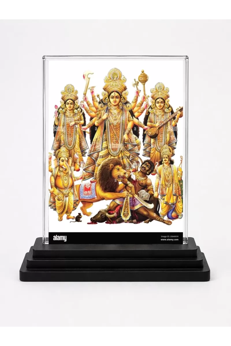 Goddess Durga Acrylic Car Dashboard Showpiece | Double-Sided Goddess Durga Photo Stand | 3 X 4 Inch Photo | Transparent Acrylic Frame With Black Base | Car Dashboard, Office & Table Decor (F71684)
