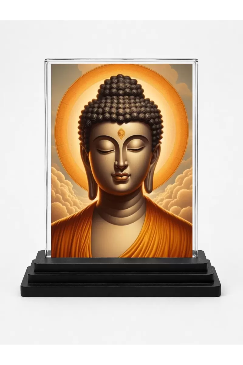 Gautama Buddha Acrylic Car Dashboard Showpiece | Double-Sided Gautama Buddha Photo Stand | 3 X 4 Inch Photo | Transparent Acrylic Frame With Black Base | Car Dashboard, Office & Table Decor (F71685)