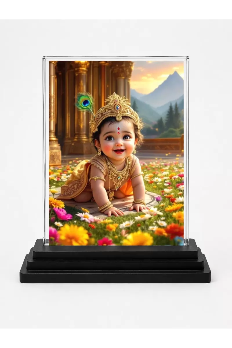 Lord Krishna Acrylic Car Dashboard Showpiece | Double-Sided Lord Krishna Photo Stand | 3 X 4 Inch Photo | Transparent Acrylic Frame With Black Base | Car Dashboard, Office & Table Decor (F71687)
