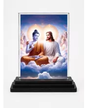 Gautama Buddha And Jesus Christ Acrylic Car Dashboard Showpiece | Double-Sided Gautama Buddha And Jesus Christ Photo Stand | 3 X 4 Inch Photo | Transparent Acrylic Frame With Black Base | Car Dashboard, Office & Table Decor (F71689)
