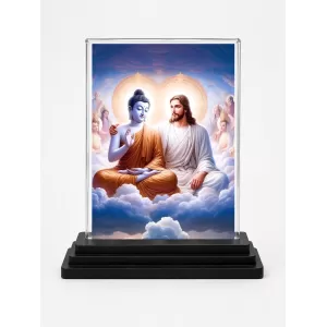 Gautama Buddha And Jesus Christ Acrylic Car Dashboard Showpiece | Double-Sided Gautama Buddha And Jesus Christ Photo Stand | 3 X 4 Inch Photo | Transparent Acrylic Frame With Black Base | Car Dashboard, Office & Table Decor (F71689)