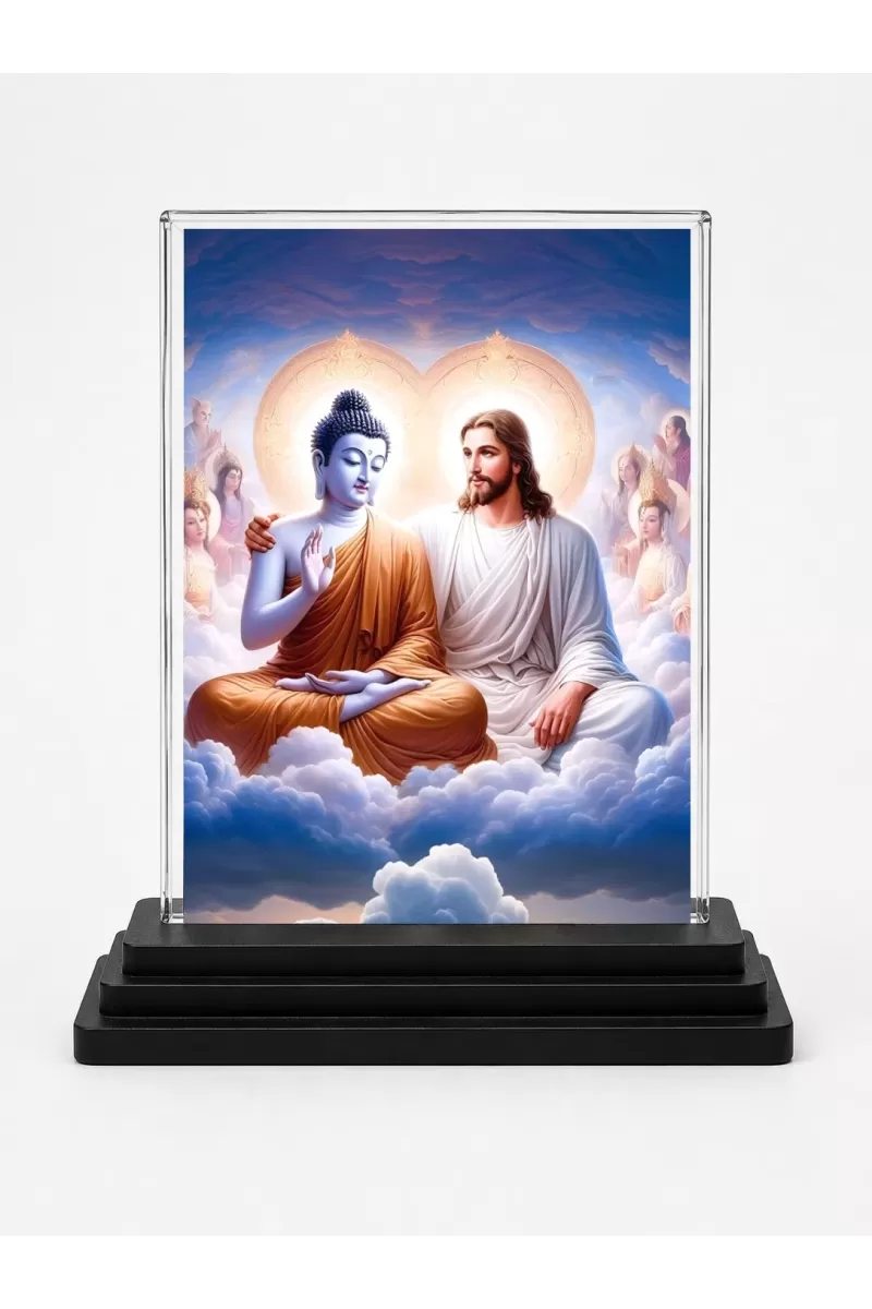 Gautama Buddha And Jesus Christ Acrylic Car Dashboard Showpiece | Double-Sided Gautama Buddha And Jesus Christ Photo Stand | 3 X 4 Inch Photo | Transparent Acrylic Frame With Black Base | Car Dashboard, Office & Table Decor (F71689)